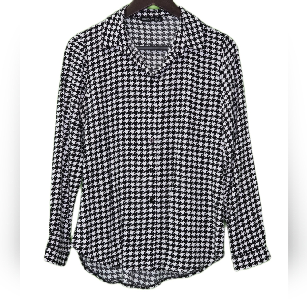 Black and White Houndstooth Button-Up Shirt, Dressy Casual Top, Small